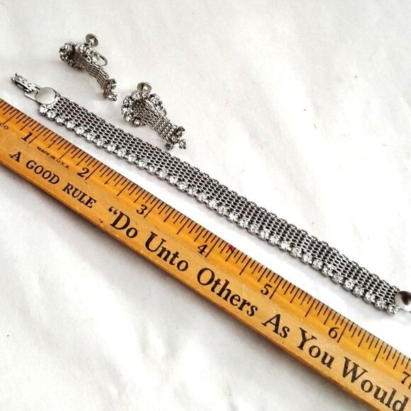 1950s Vintage Rhinestone and Mesh Bracelet and Earring Set, Silver Tone Metal - Picture 2 of 7